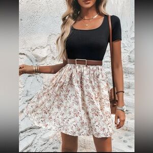 Black top and floral skirt mini dress